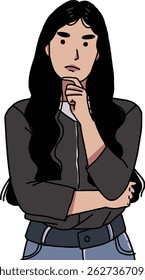 A young woman thinking with her hand on her chin and a thoughtful expression
