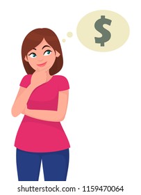 Young woman thinking and looking up to thought bubble in dollar symbol. Business and finance concept. Vector illustration in cartoon style.