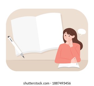 Young woman thinking of a new plan. Vector illustration of a blank diary background. New Year Plan.