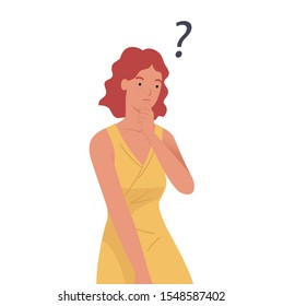 Young woman thinking with question mark. Vector illustration in a flat