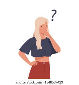 Young woman thinking with question mark. Vector illustration in a flat
