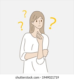 Young woman thinking or solving problem. Concept of innovative ideas, creative thought, creativity and imagination. Hand draw style. Vector illustration.