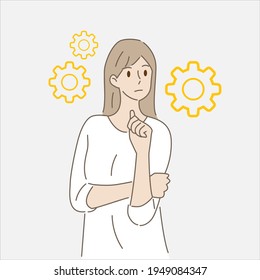 Mujer joven pensando o resolviendo problemas con el icono del equipo. Concepto de ideas innovadoras, pensamiento creativo, creatividad e imaginación. Estilo de dibujo a mano. Ilustración vectorial.