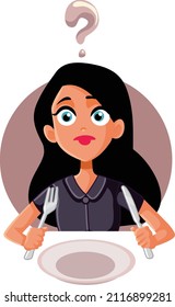 
Joven pensando qué comer en una caricatura de vectores dietéticos. Niña indecisa que se está haciendo difícil elegir una comida saludable
