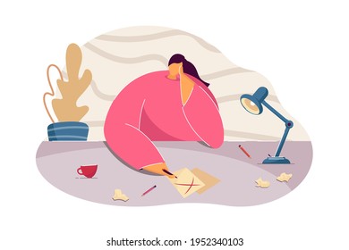 Young woman thinking of work. Female with clean sheet of paper on table, workplace flat vector illustration. Writer block, crisis, freelance concept for banner, website design or landing web page