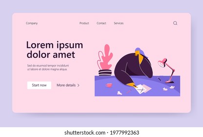 Young woman thinking of work. Female with clean sheet of paper on table, workplace flat vector illustration. Writer block, crisis, freelance concept for banner, website design or landing web page