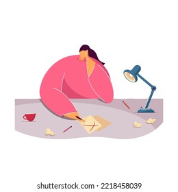 Young woman thinking of work. Female with clean sheet of paper on table, workplace flat vector illustration. Writer block, crisis, freelance concept for banner, website design or landing web page