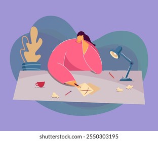 Young woman thinking of work. Female with clean sheet of paper on table, workplace flat vector illustration. Writer block, crisis, freelance concept for banner, website design or landing web page