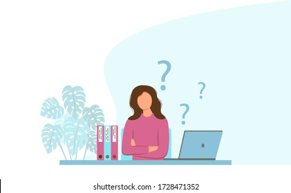 Young woman is thinking in the workplace. Workplace with a laptop.
The concept of fatigue, disappointment, problems at work or learning issues. Pensive woman. Female character and question marks.