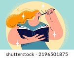 Young woman thinking writing in notebook. Happy female lost in thoughts make notes in book. Creativity and hobby concept. Vector illustration. 