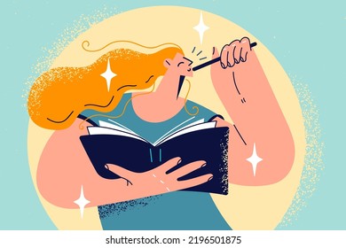 Young woman thinking writing in notebook. Happy female lost in thoughts make notes in book. Creativity and hobby concept. Vector illustration. 