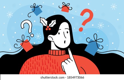 Young woman thinks about gifts for Christmas and New Year. Choosing what to give for a holiday to a loved one or a child