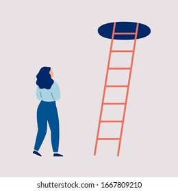 Young woman thinks to make a next step into the future. Girl in doubt and indecision stands of the stairs to the top. Concept of a difficult choice, decision making. Colorful vector