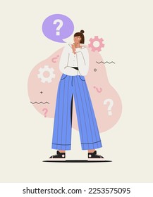 Young woman thinks question. Girl with speech bubble and choice question. Doubt of her choice. Template of thinking person. Problem solving concept. Brainstorm for business. Vector illustration.