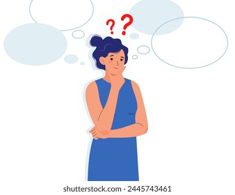 Young woman thinks. Woman with question marks and with blank speech bubbles. Concept of thinking, considered gesture	