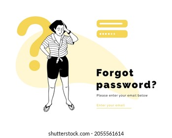 Young woman thinks, remembering her password, hand drawn vector illustration. Pensive girl with question mark and text - Forgot Password, Please Enter Your Email, flat design for web apps,landing page