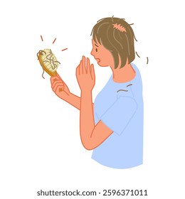 A young woman with thinning hair is surprised to see hair on her hairbrush (thin part in hair)