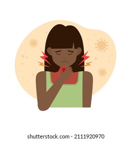 Young woman with throat pain touching her neck on the background of viruses. Vector flat illustration. Throat pain, coronavirus, flu concept