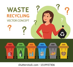 Young woman throwing garbage into containers vector illustration. Waste management concept with eco-friendly girl sorting plastic into different tanks. Ecological infographic for save the Earth design