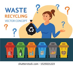 Young woman throwing garbage into containers vector illustration. Waste management concept with eco-friendly girl sorting plastic into different tanks. Ecological infographic for save the Earth design
