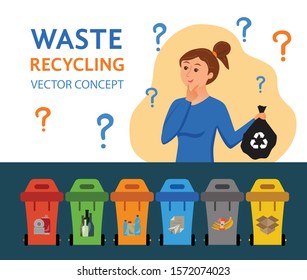 Young woman throwing garbage into containers vector illustration. Waste management concept with eco-friendly girl sorting plastic into different tanks. Ecological infographic for save the Earth design