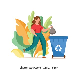 Young woman throwing garbage into containers vector illustration. Waste management concept with eco-friendly girl sorting plastic into different tanks. Ecological infographic for save the Earth design