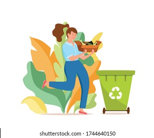 Young woman throwing glass garbage into containers vector illustration. Waste management concept with eco-friendly girl sorting waste into different tanks. Ecological infographic for save the Earth de