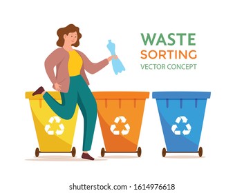 Young woman throwing plastic garbage into containers vector illustration. Waste management concept with eco-friendly girl sorting waste into different tanks. Ecological infographic for save the Earth 