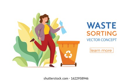 Young woman throwing plastic garbage into containers vector illustration. Waste management concept with eco-friendly girl sorting waste into different tanks. Ecological infographic for save the Earth 