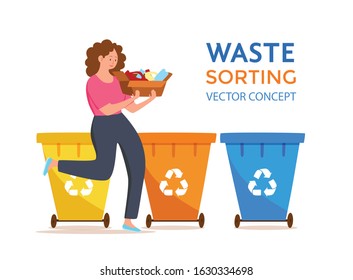 Young woman throwing plastic garbage into containers vector illustration. Waste management concept with eco-friendly girl sorting waste into different tanks. Ecological infographic for save the Earth 