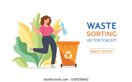 Mujer joven que lanza basura plástica en la Ilustración vectorial de los envases. Concepto de gestión de residuos con niña ecológica que clasifica los residuos en diferentes tanques. Guardar Infografía ecológica para la Tierra 