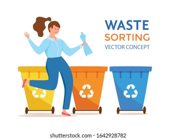Young woman throwing plastic garbage into containers vector illustration. Waste management concept with eco-friendly girl sorting waste into different tanks. Ecological infographic for save the Earth 