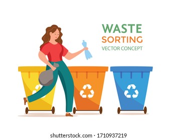 Young woman throwing plastic garbage into containers vector illustration. Waste management concept with eco-friendly girl sorting waste into different tanks. Ecological infographic for save the Earth 