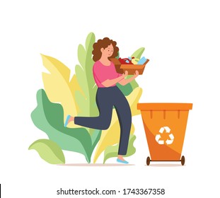 Young woman throwing plastic garbage into containers vector illustration. Waste management concept with eco-friendly girl sorting waste into different tanks. Ecological infographic for save the Earth 