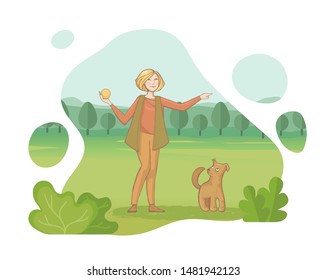 A young woman throws a ball to his dog in the summer Park. Vector illustration in hand drawn style