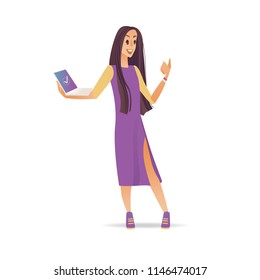 Young woman with thumbs up gesture isolated on white background. Smiling female character with ok sign on laptop screen showing success motion in cartoon vector illustration.