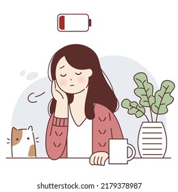 Young woman tired and emotional burnout with battery energy low charge sitting at the table with the cat vector illustration