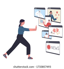 The young woman is tired of a lot of information and pushes away the news.Stress from excessive amounts of information and news.Information detox.Information silence.Bad news.Vector flat illustrations