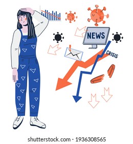 Young woman tired of news overloading, flat cartoon vector illustration isolated on white background. Information overload and stress of disturbing news.