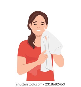 Young woman tired resting after workout towel in her neck. Flat vector illustration isolated on white background