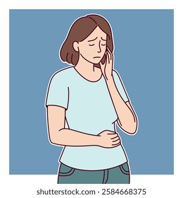 Young Woman with Toothache. A young woman with brown hair in a white t-shirt holds her cheek in pain, indicating a toothache. The background is blue.