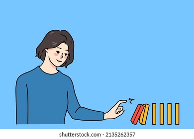 Young woman touch toppling make domino fall. Happy female playing game. Challenge and risk. Domino effect concept. Flat cartoon character, vector illustration. 