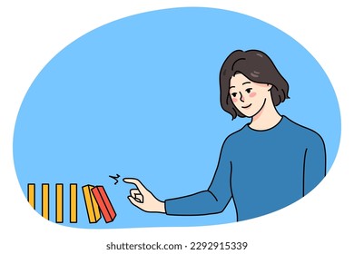 Young woman touch toppling make domino fall. Happy female playing game. Challenge and risk. Domino effect concept. Flat cartoon character, vector illustration.