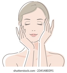 Young woman touches her cheek with her finger, closed eyes and smile. Vector illustration in line drawing, isolated on white background.