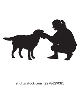 Young woman touching a dog vector silhouette.