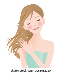 young woman touching her long healthy hair. beauty and hair care concept
