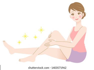 young woman touching smooth hairless leg, beauty body care concept. isolated on white background 