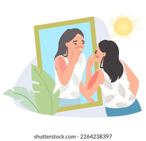 Young woman touching sunburned nose looking at mirror flat cartoon vector illustration. Skin damage after unsuccessful sunbathing