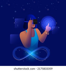 Young Woman Touching A Virtual Object Through VR Box And Loop Symbol On Blue Lights Effect Background For Metaverse Technology Concept.