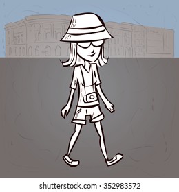 Young woman tourist with the camera walks. Hand drawn cartoon vector illustration